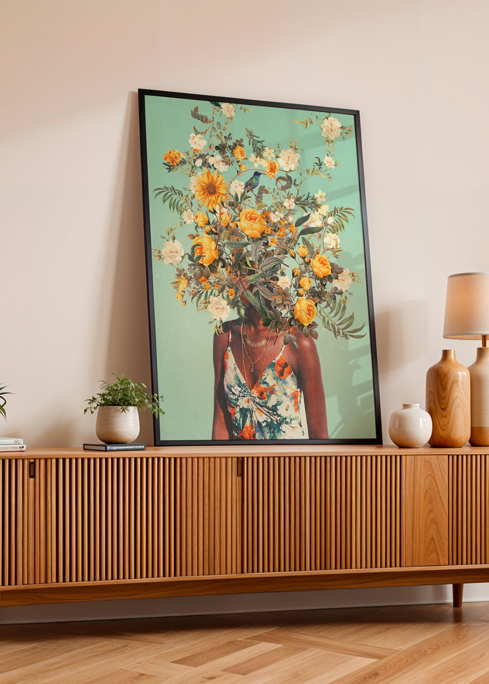 Botanische print met portret en bloemenkroon
