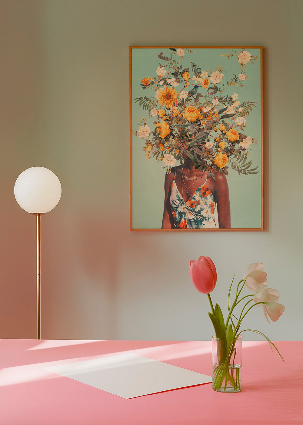 Botanische print met portret en bloemenkroon