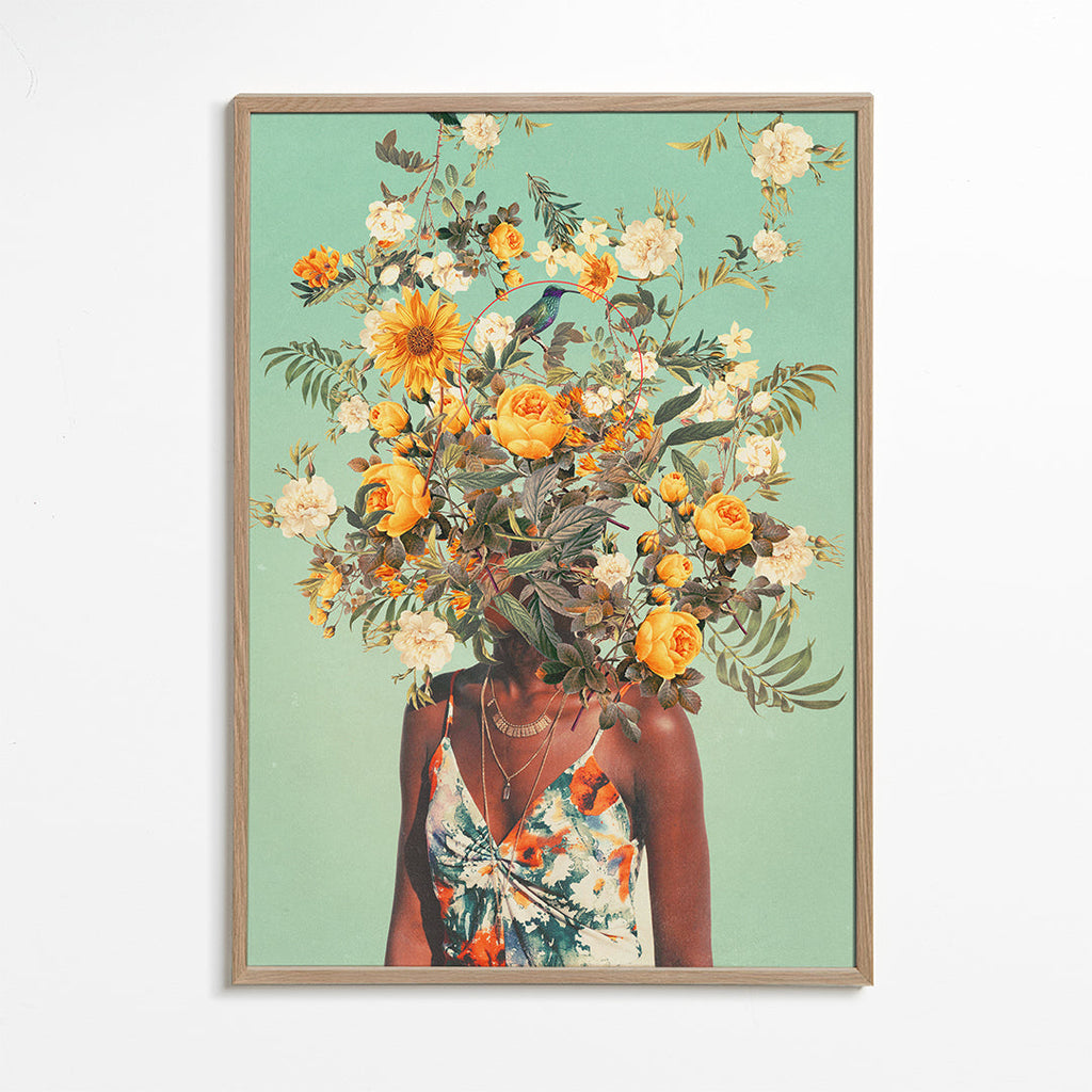 Botanische print met portret en bloemenkroon