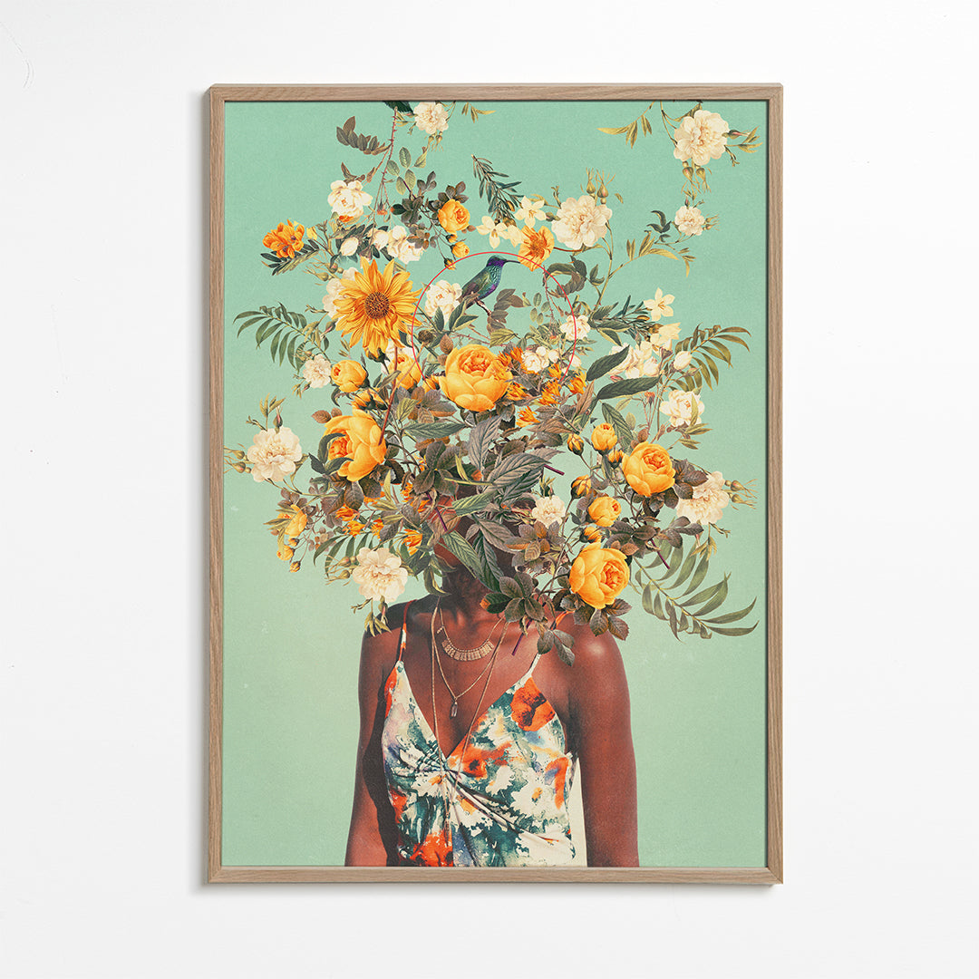 Botanische print met portret en bloemenkroon