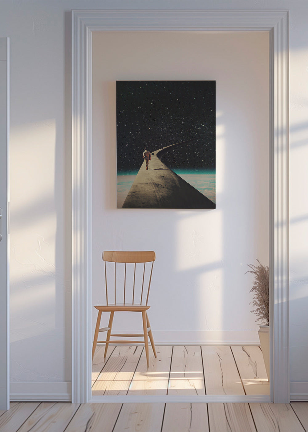 Surrealistische foto van reiziger op vleugel