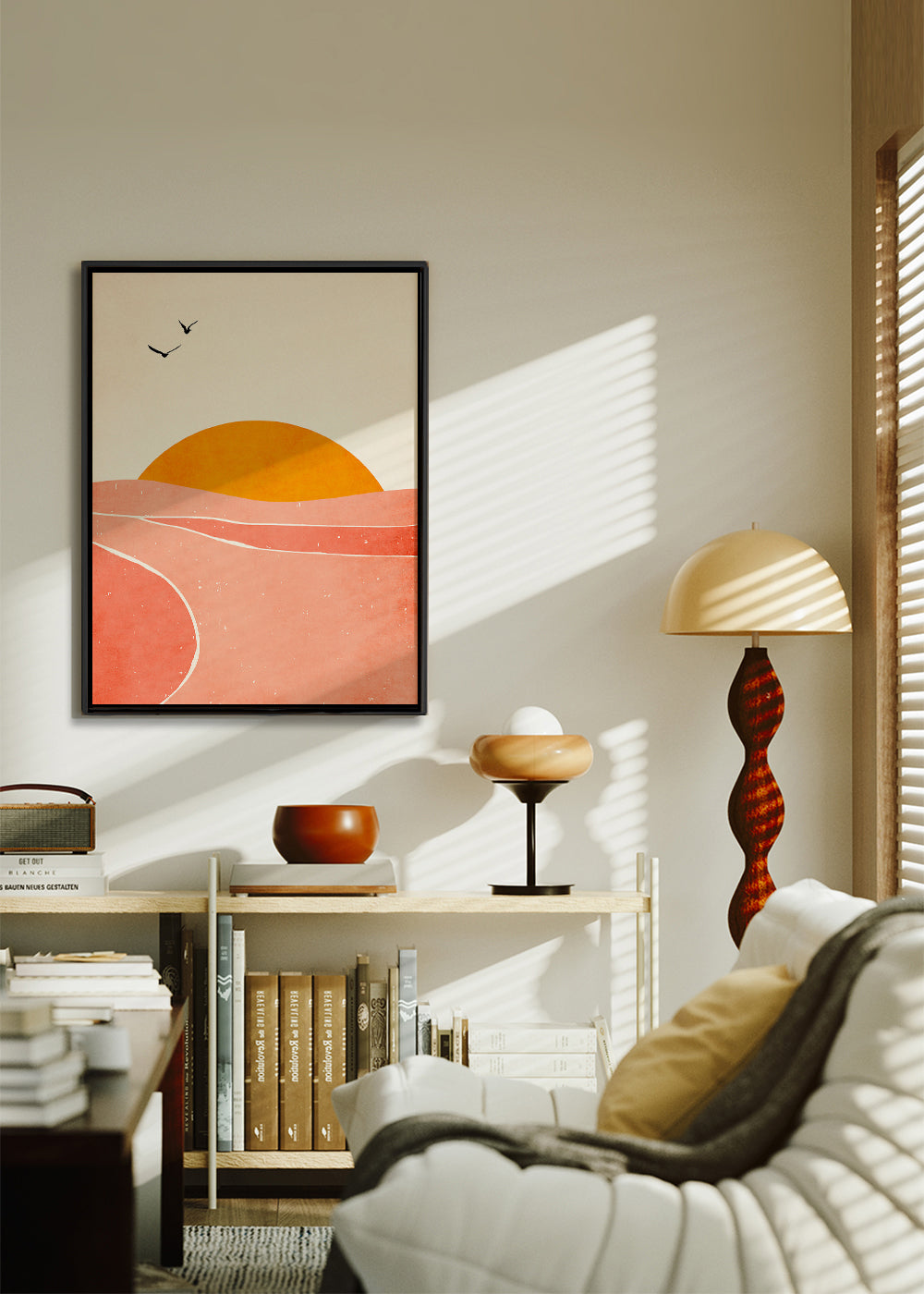 Landschap kunst met geometrische koraalzon