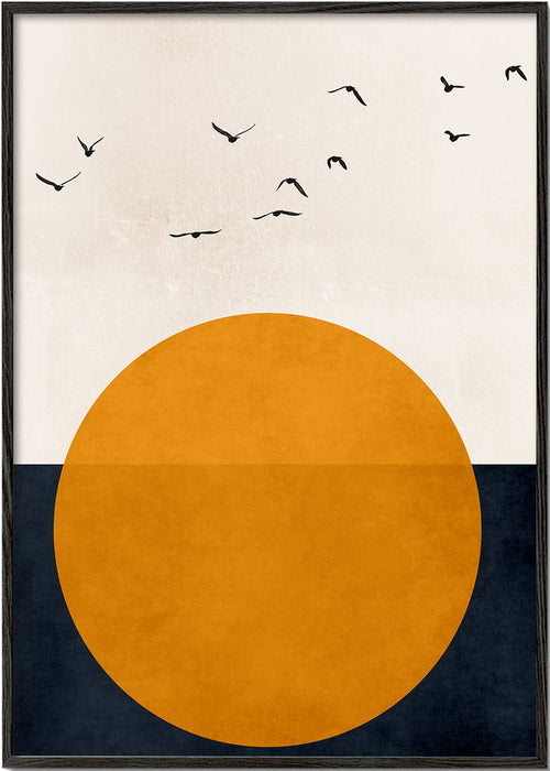 Geometrische poster met oranje zon en vogels