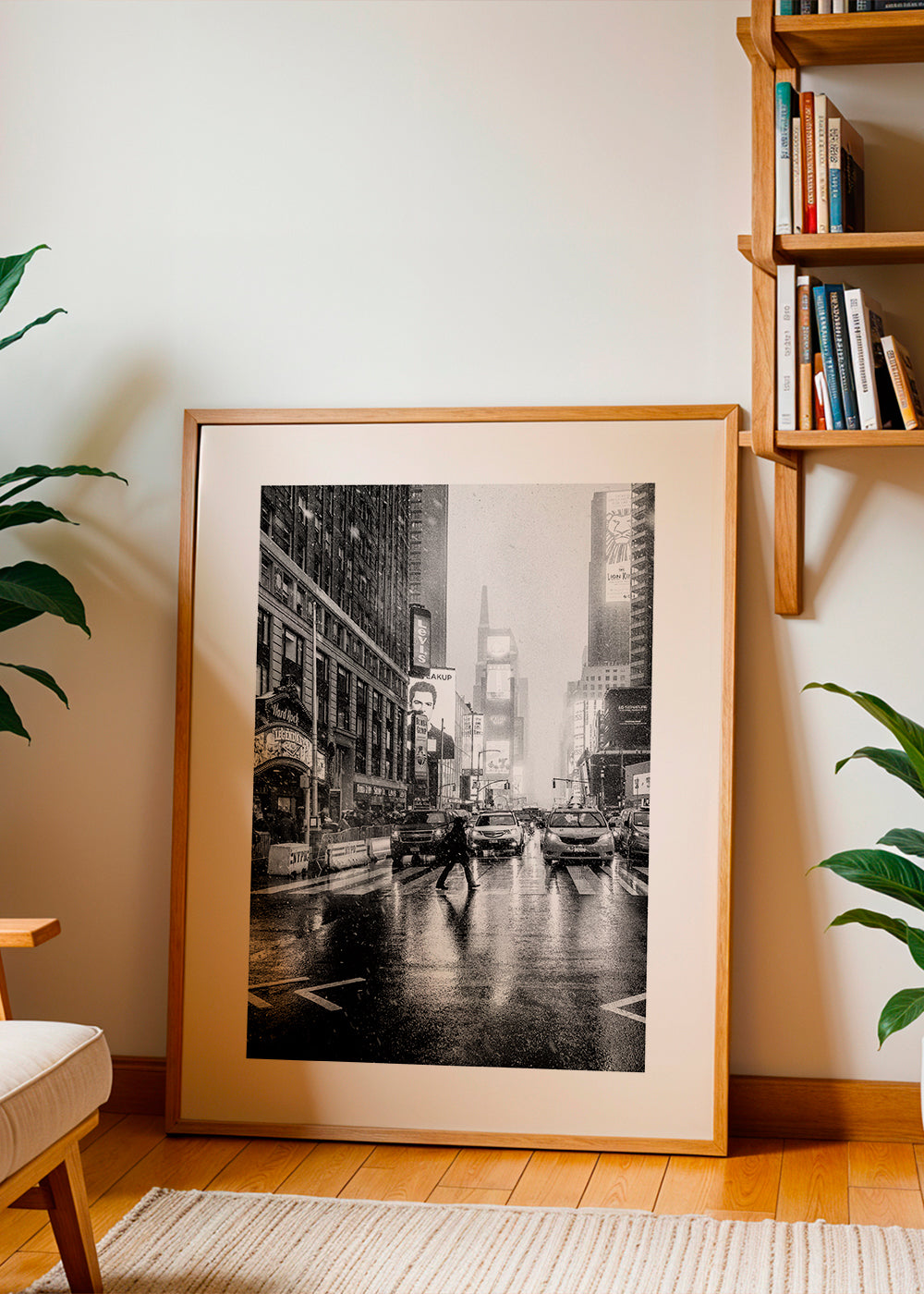 Stadsbeeld zwart-wit: Times Square in de regen