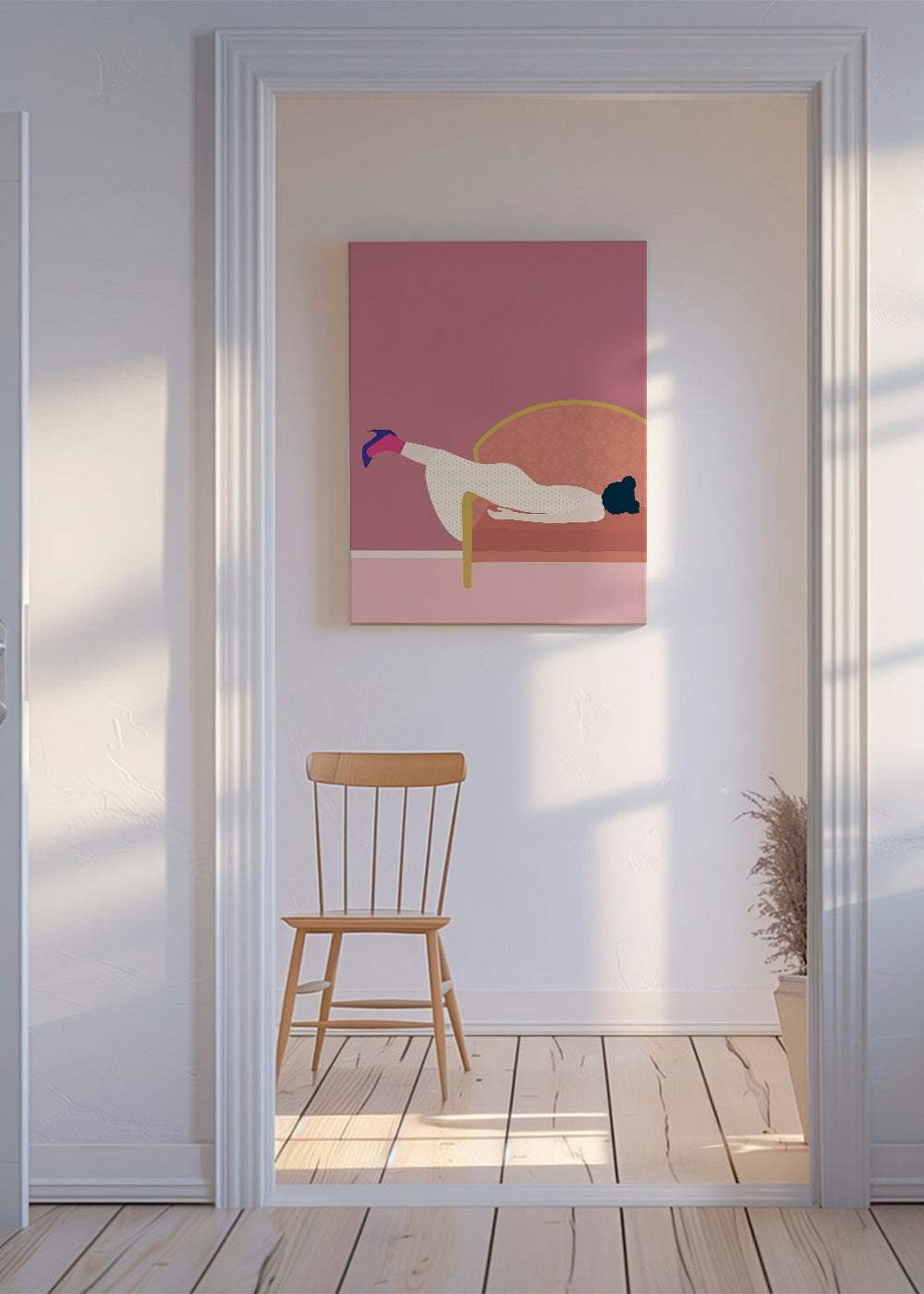 Illustratie vrouw op roze sofa