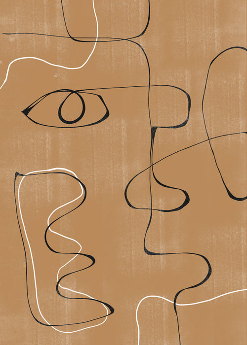 Abstracte kunst: lineair gezicht op okerkleurige achtergrond