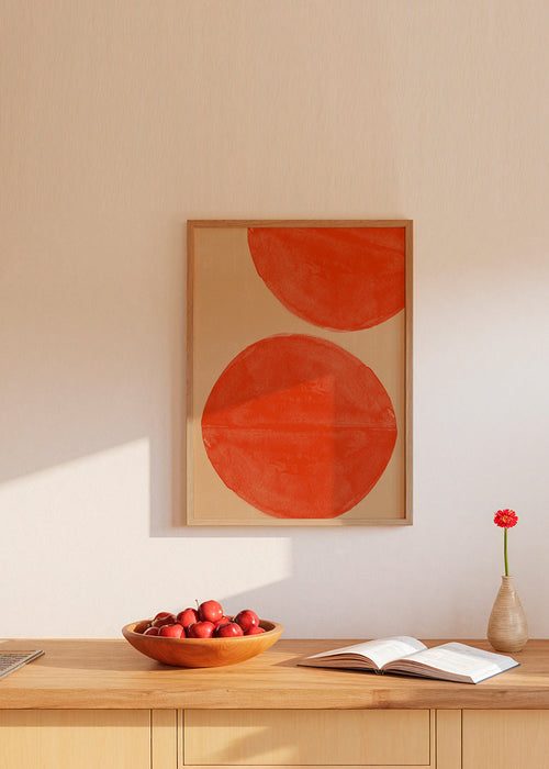 Abstracte kunst: rode cirkels op beige