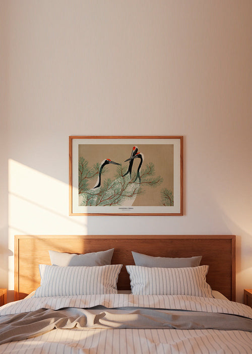 Artwork Japanse kraanvogels tussen dennen takken