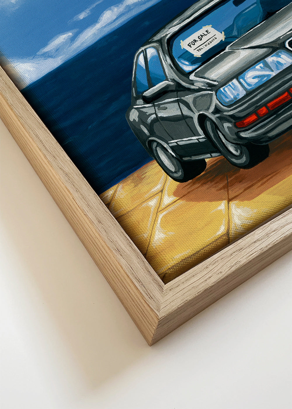 Landschapsposter met auto aan de kust