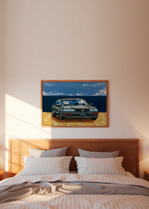 Landschapsposter met auto aan de kust