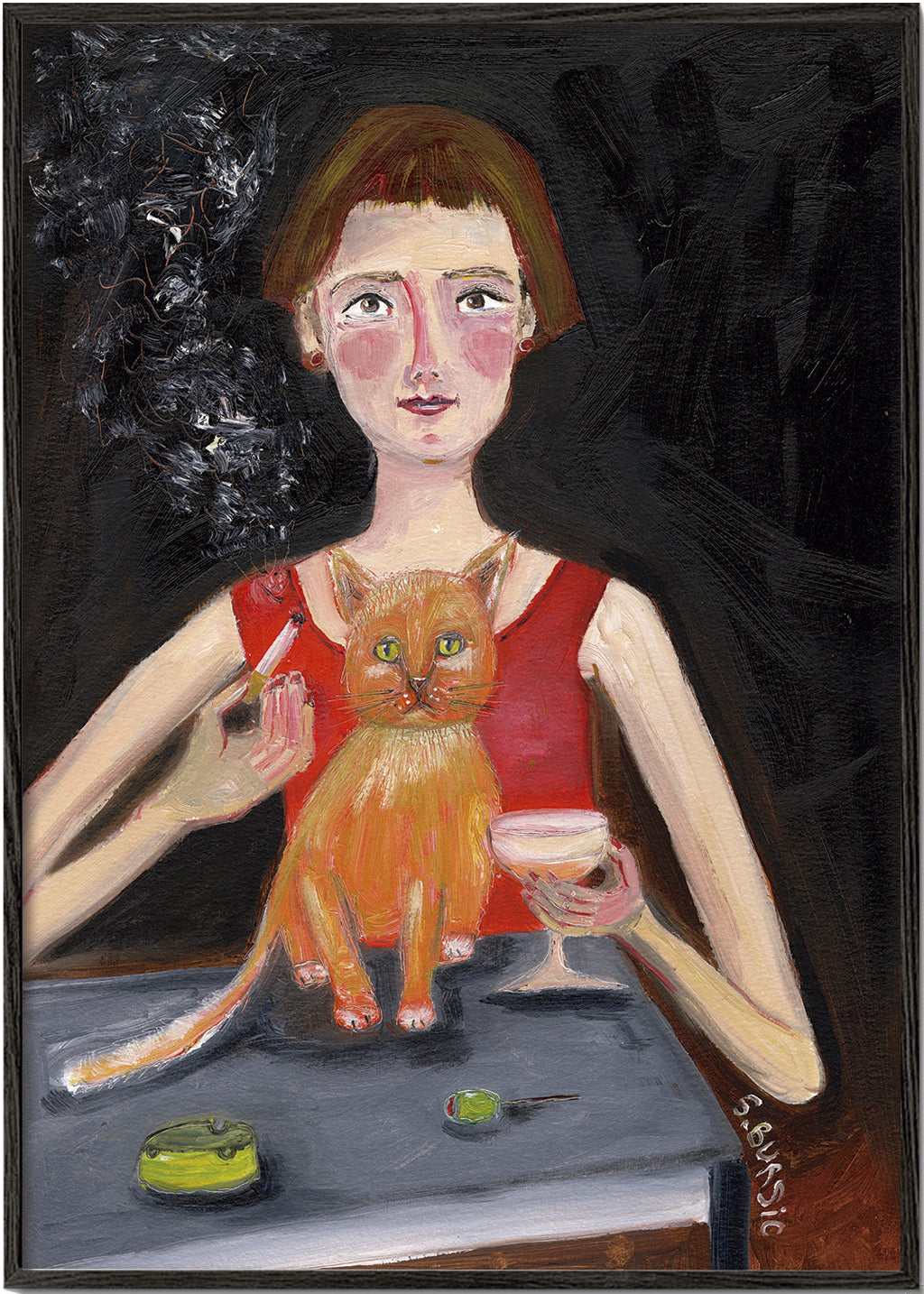 Vintage poster vrouw met cocktail en kat