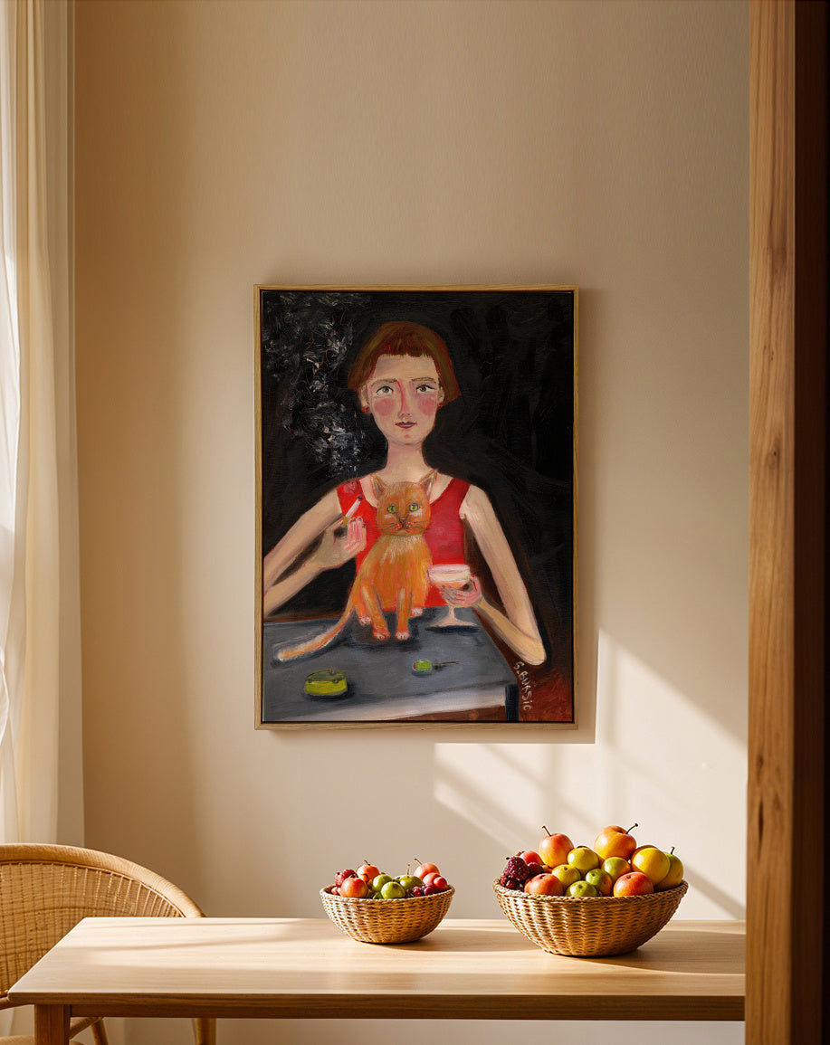 Vintage woman with cocktail and cat - Framed canvas in an interior