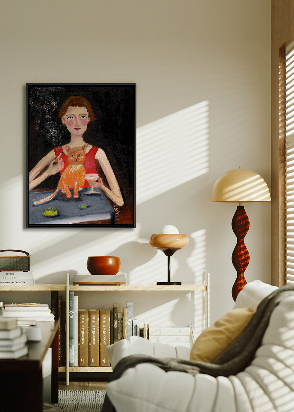 Vintage poster vrouw met cocktail en kat