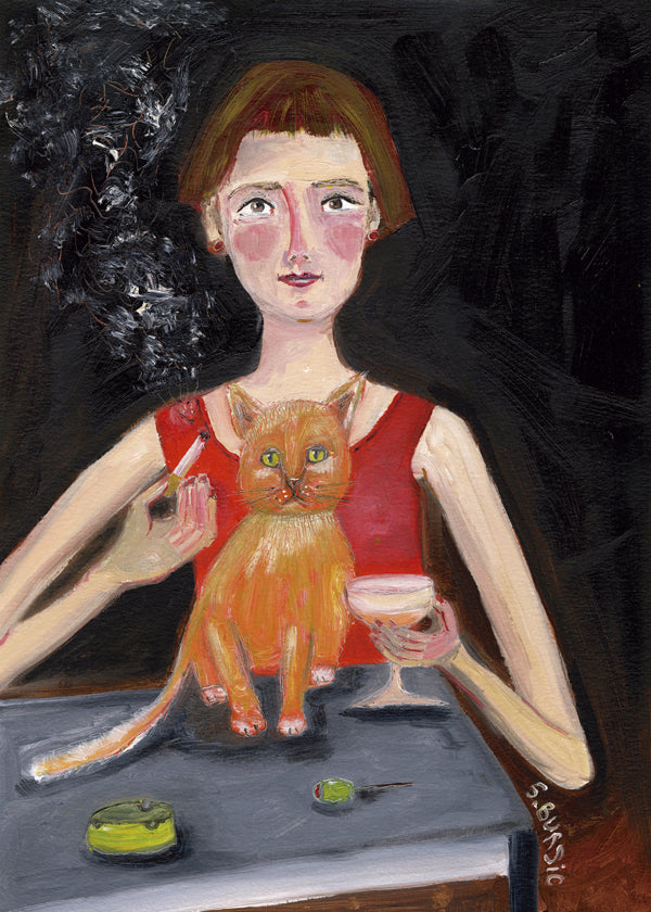 Vintage poster vrouw met cocktail en kat