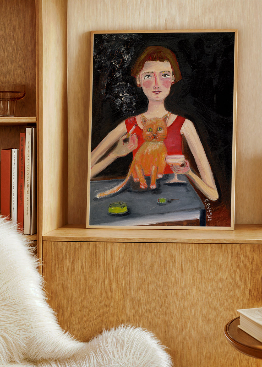 Vintage poster vrouw met cocktail en kat