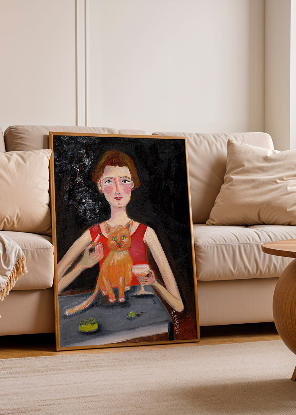 Vintage poster vrouw met cocktail en kat