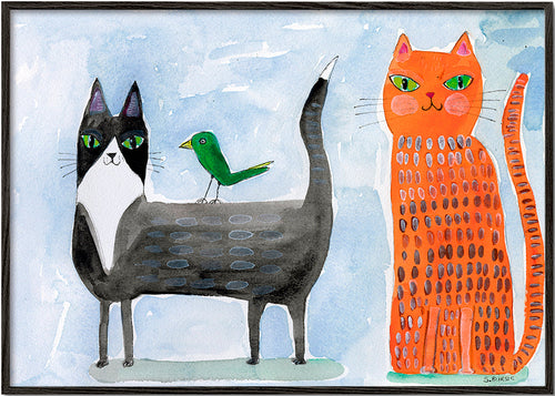 Speelse kat en vogel illustratie
