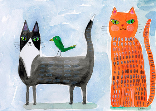 Speelse kat en vogel illustratie