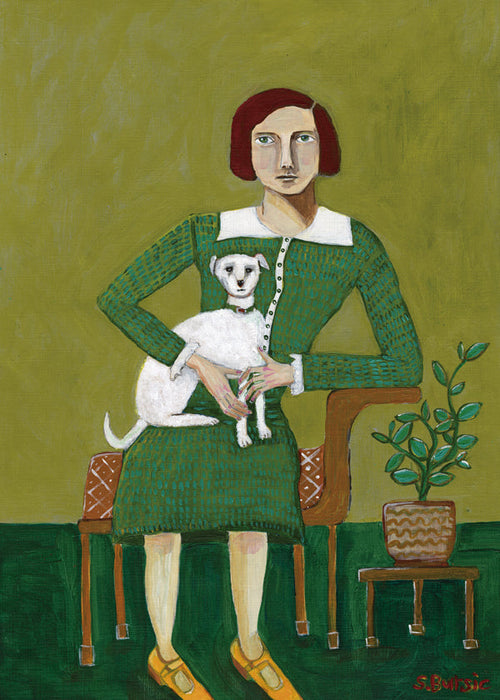 Vintage portret van vrouw met witte hond