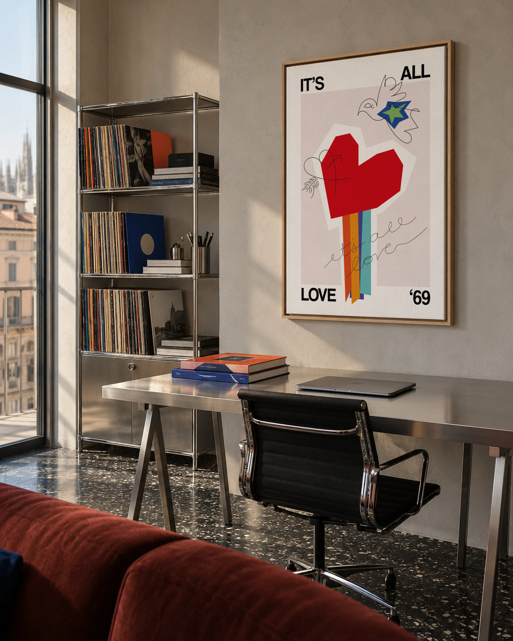 It's All Love '69 Heart Greige - Framed canvas in an interior