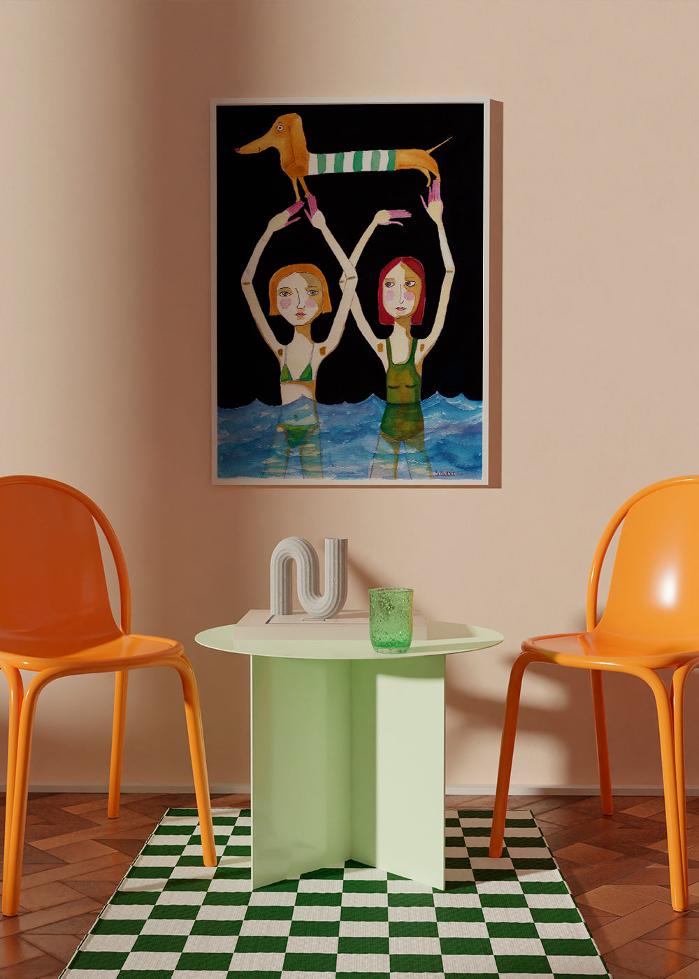 Illustratie van zwemmende meisjes met worsthond