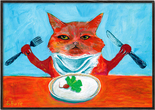 Keuken kunst: kat aan tafel