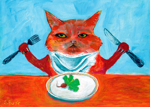 Keuken kunst: kat aan tafel