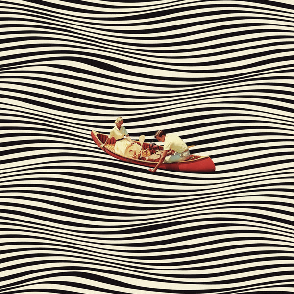 Abstracte kunst: rode kano op optische golven
