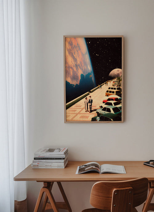 Vintage poster ruimtepromenade met retroauto's