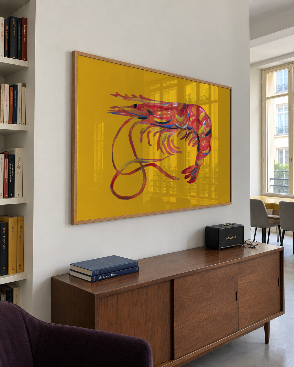 Prawn On Yellow - Framed poster in an interior