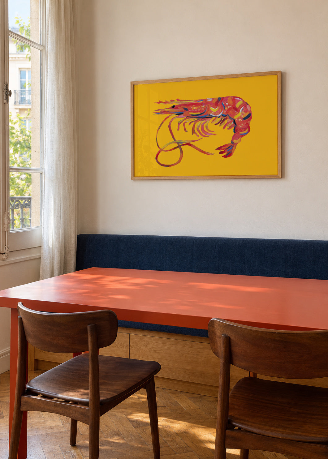 Prawn On Yellow - Framed poster in an interior