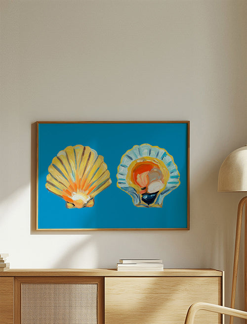 Illustratie met Sint-jakobsschelpen op blauwe achtergrond