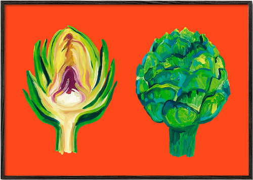 Keuken kunst met artisjokken op oranje achtergrond