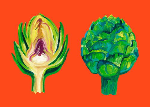 Keuken kunst met artisjokken op oranje achtergrond