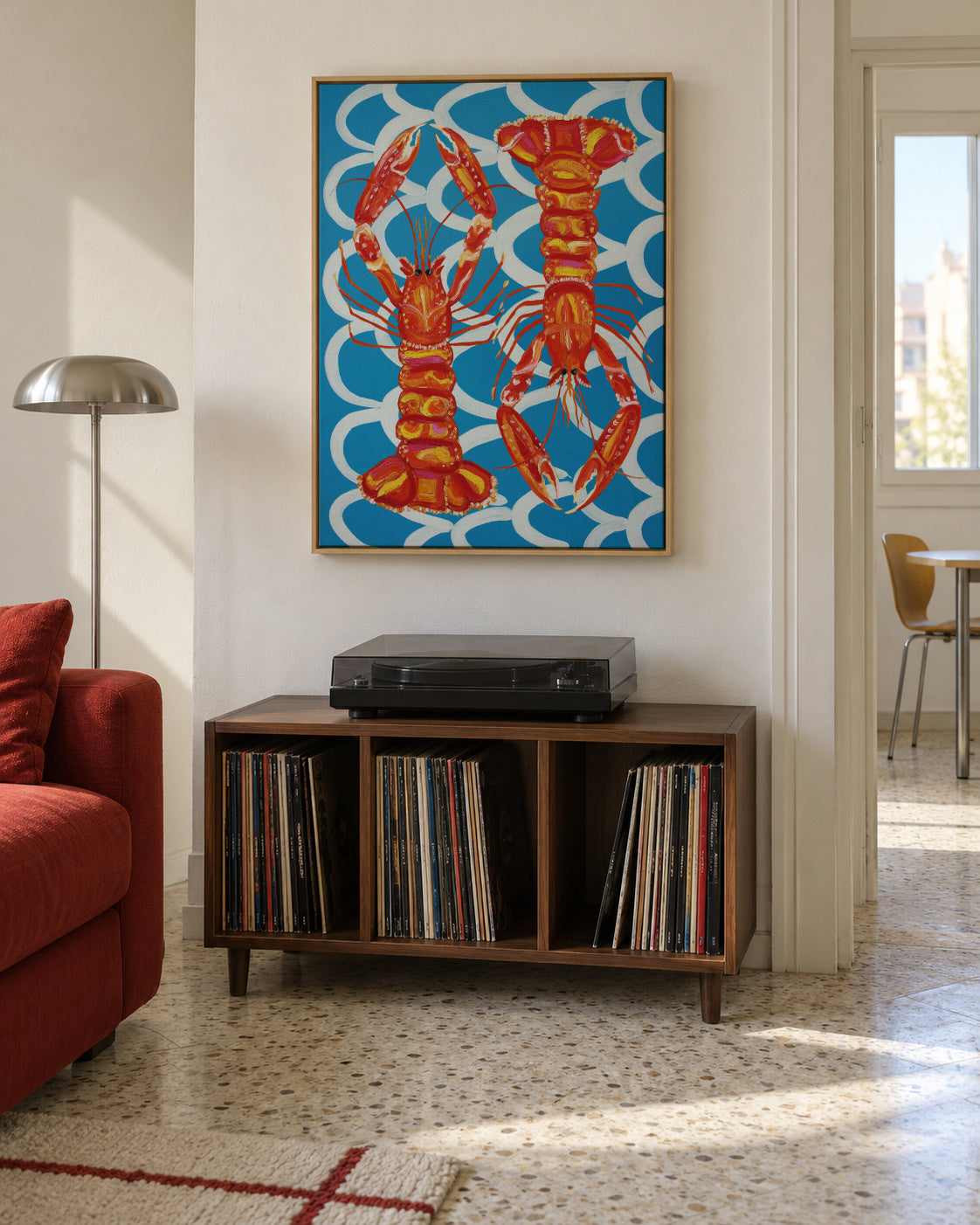 Langoustines On Blue - Framed canvas in an interior