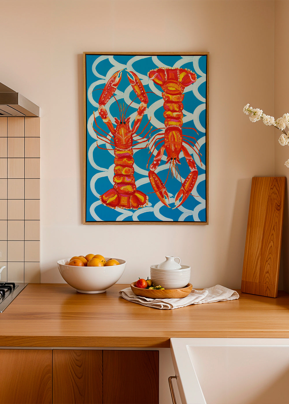 Keuken kunst: langoustines op blauw