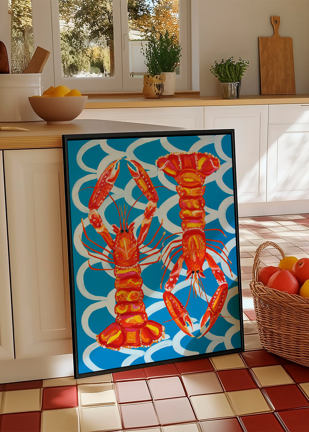 Keuken kunst: langoustines op blauw