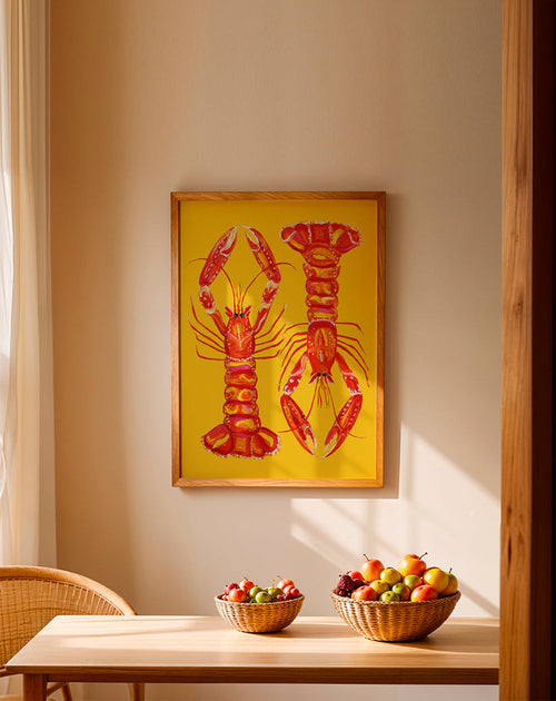 Keuken kunst met rode langoustines op gele achtergrond