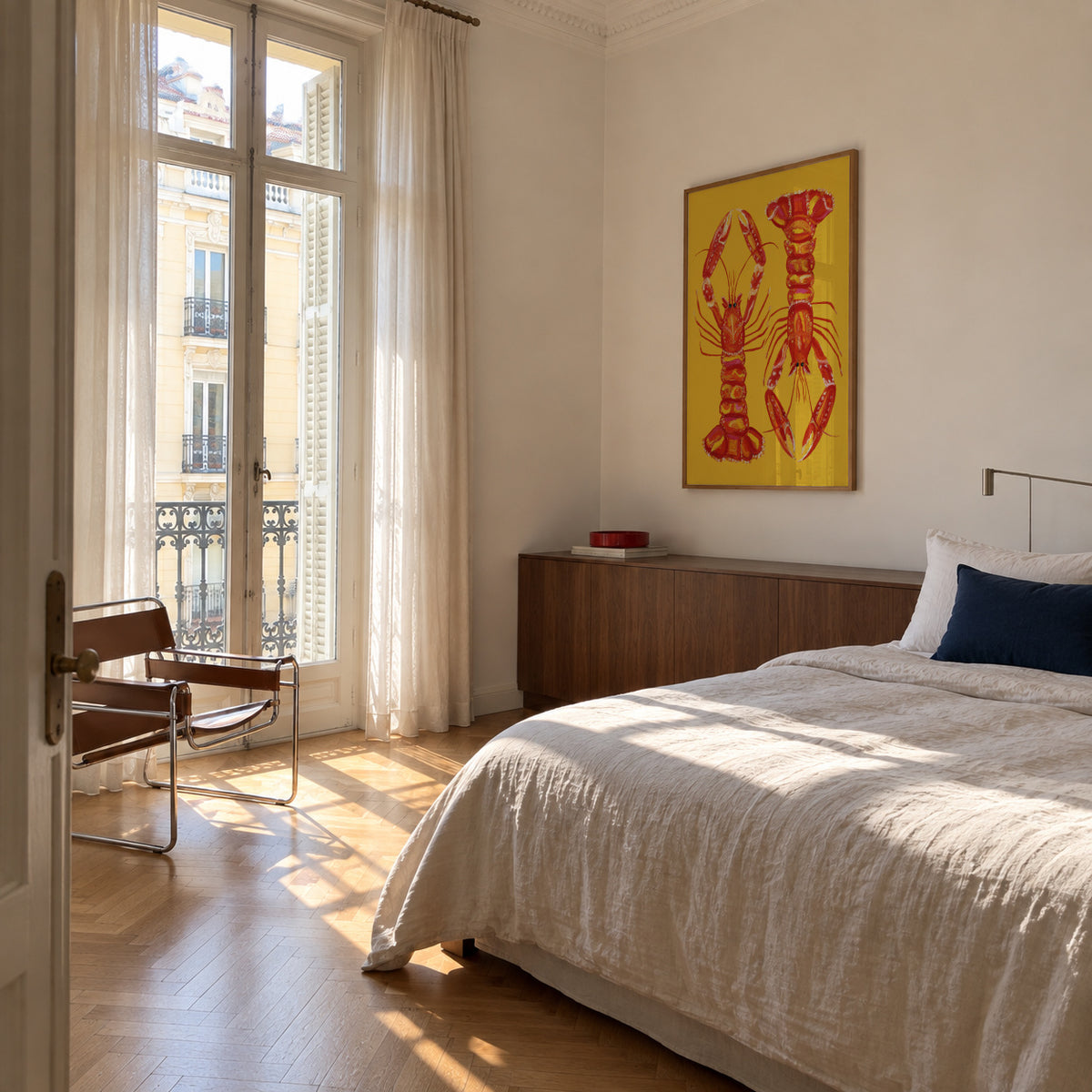 Langoustines On Yellow - Framed poster in an interior