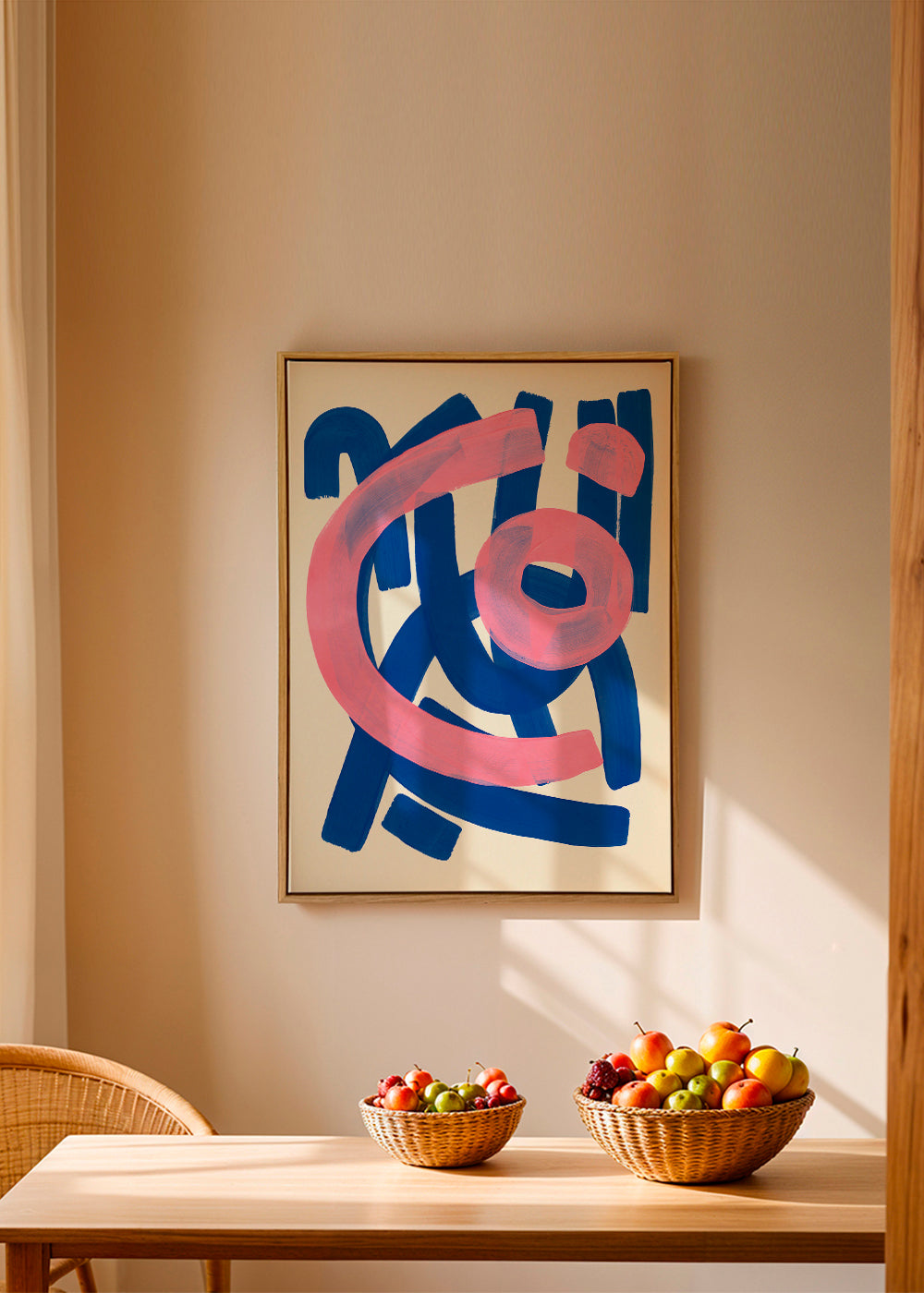 Abstract kunstwerk in blauw en roze