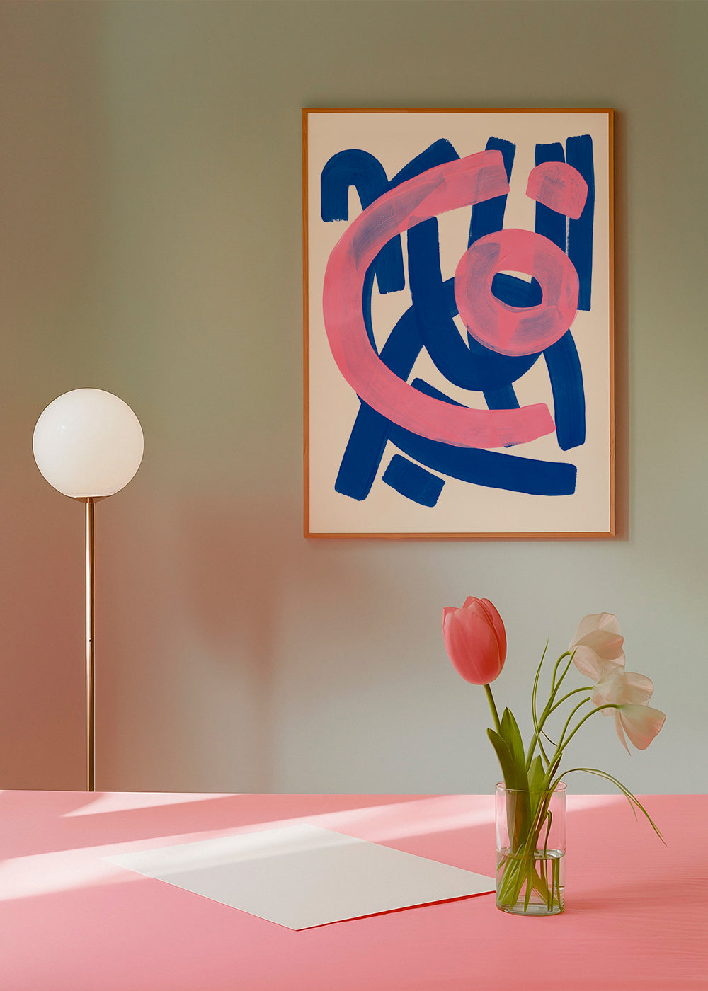 Abstract kunstwerk in blauw en roze