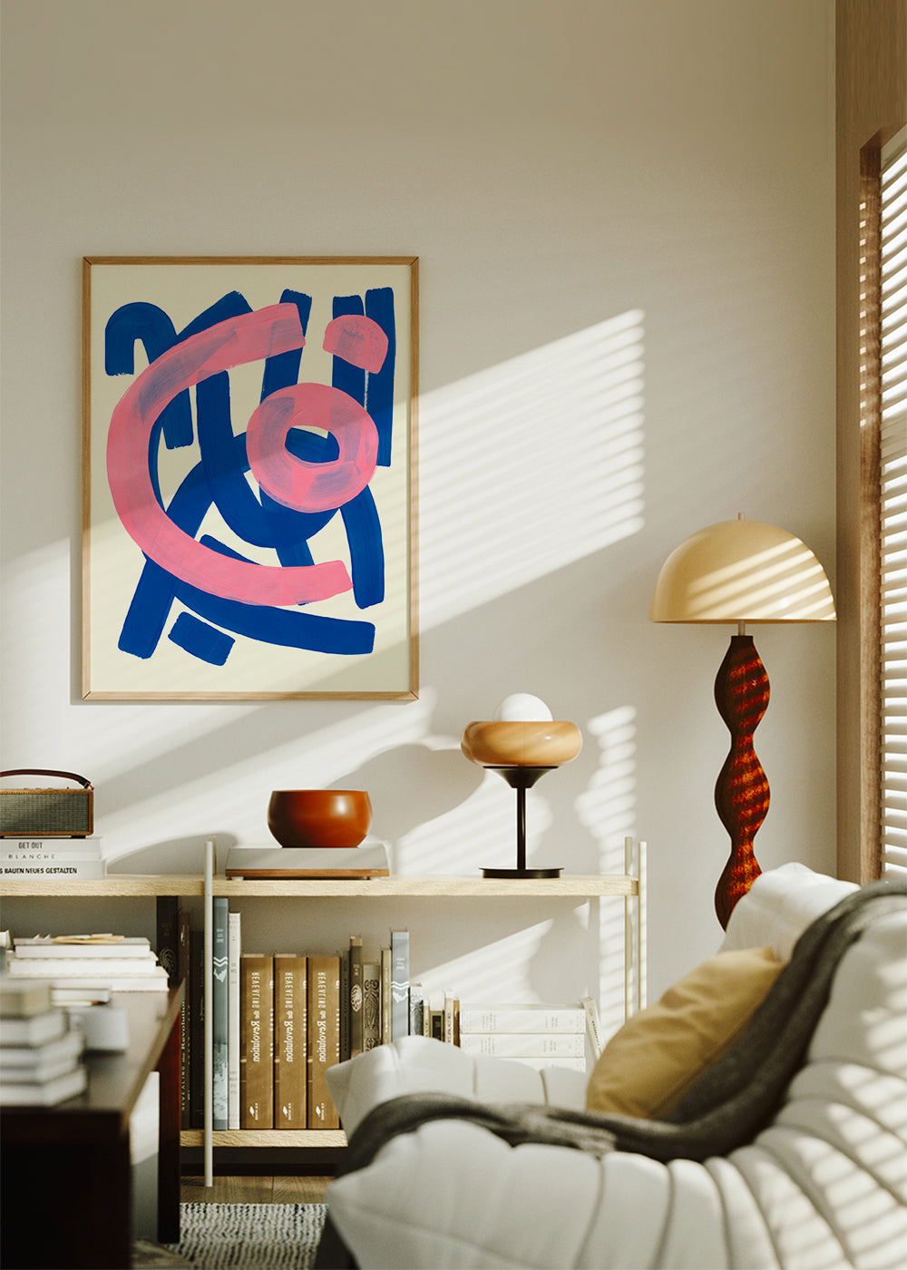 Abstract kunstwerk in blauw en roze