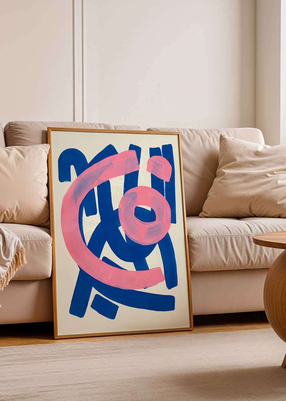 Abstract kunstwerk in blauw en roze