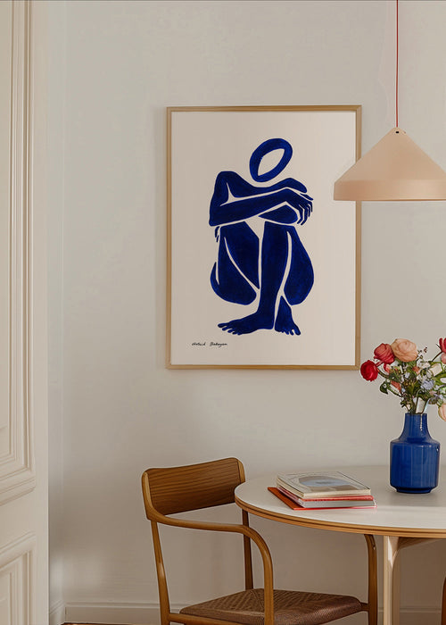 Abstracte poster met zittend blauw figuur