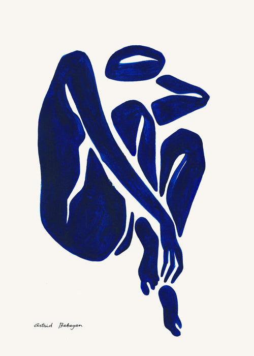 Abstract kunstwerk met blauwe figuursilhouet