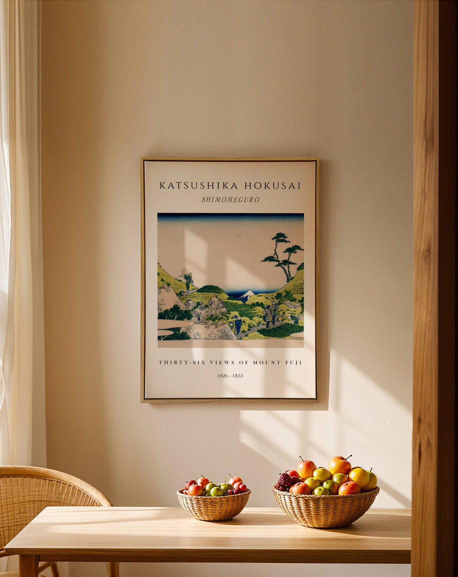 Shimomeguro Exhibition White - Katsushika Hokusai - Framed canvas in an interior