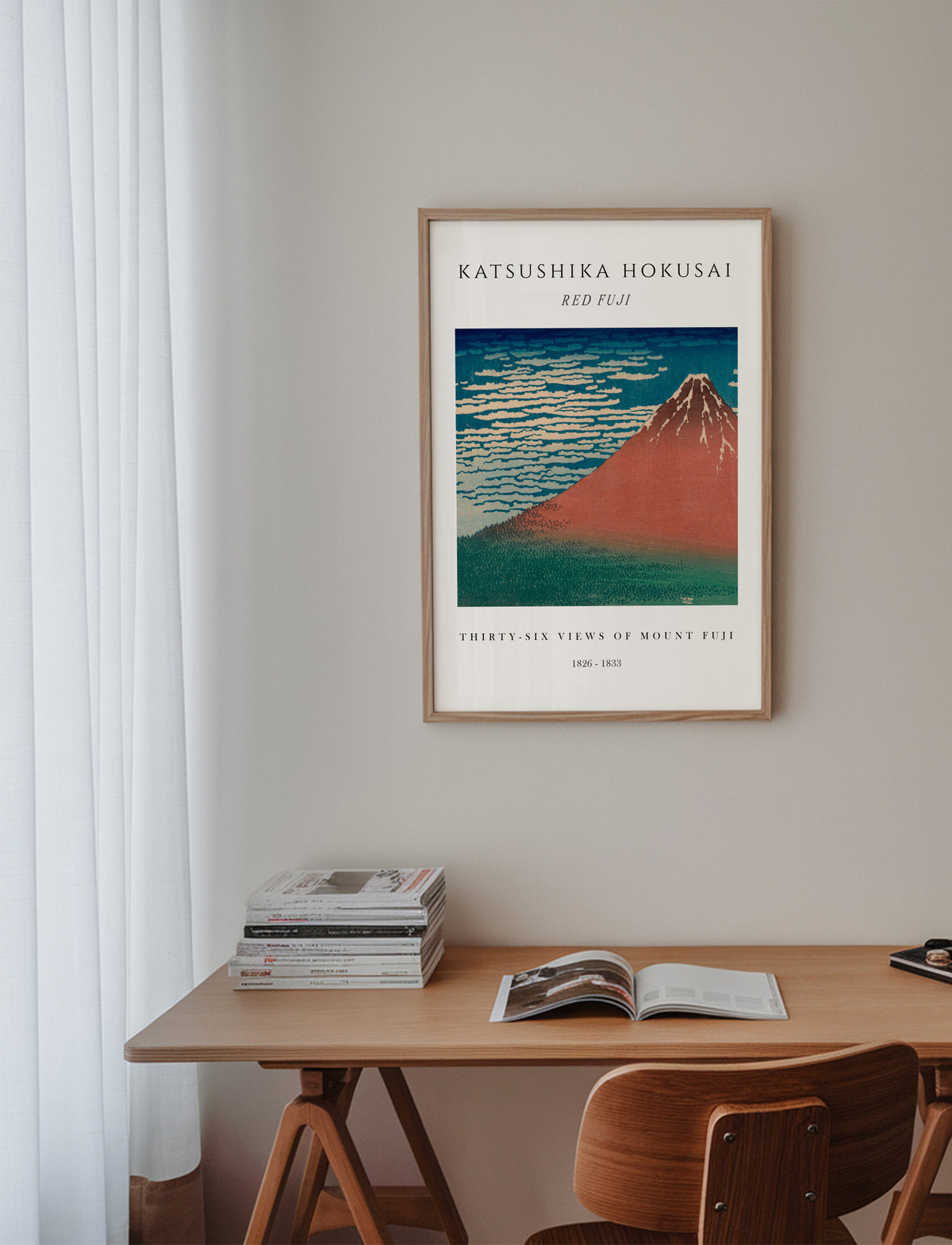 Red Fuji Exhibition White - Katsushika Hokusai - Framed poster in an interior
