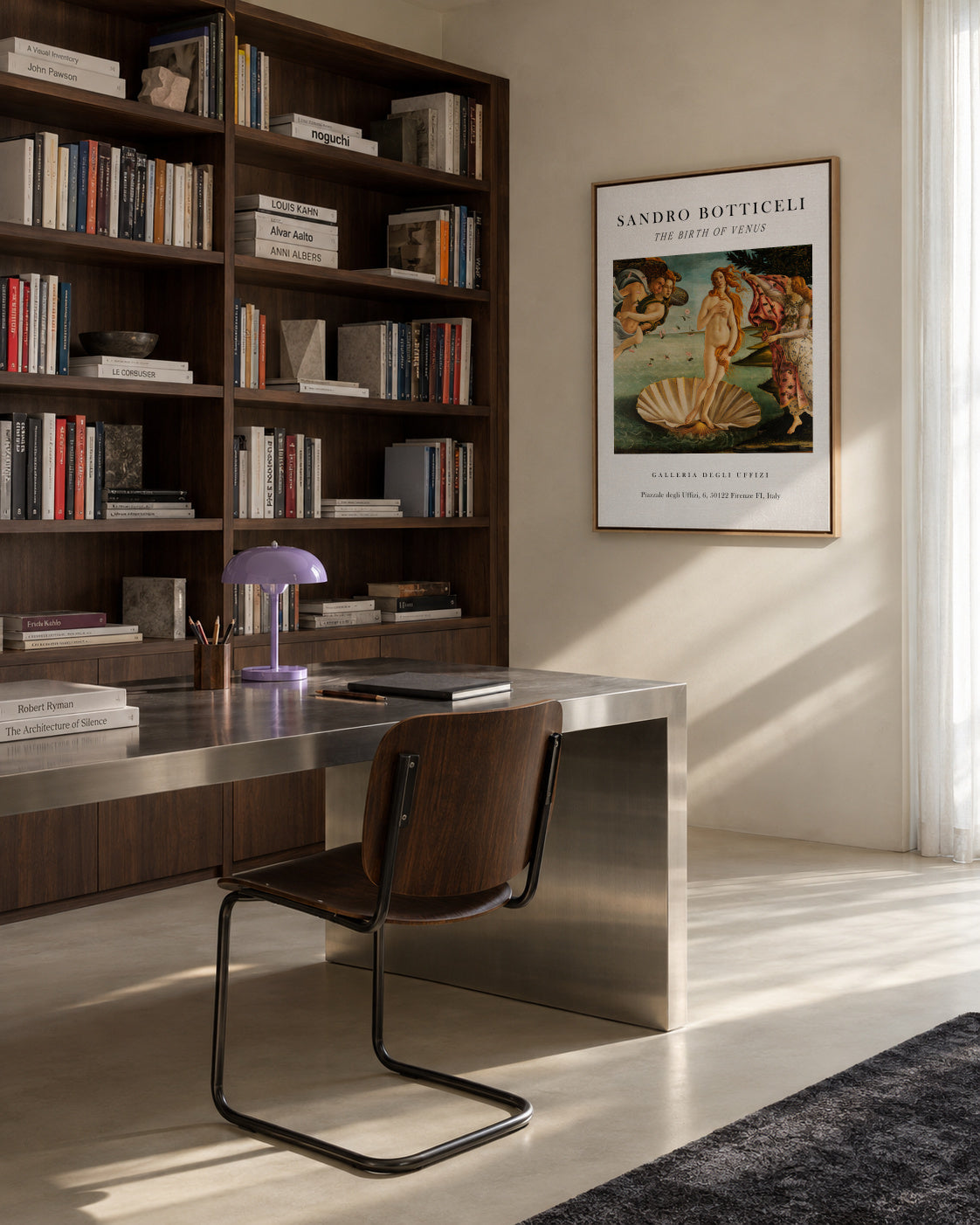La Nascita di Venere Exhibition White - Sandro Botticelli - Framed canvas in an interior
