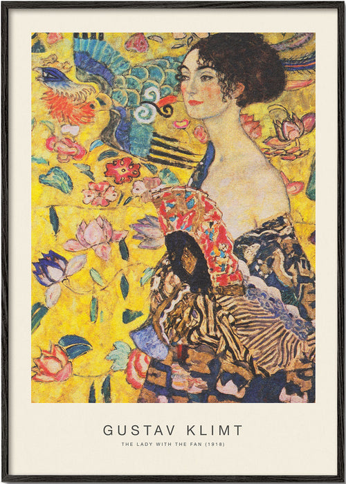 Vintage print: dame met waaier en bloemmotieven