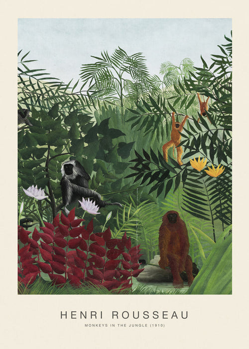 Kunstwerk apen in de jungle in naïeve stijl